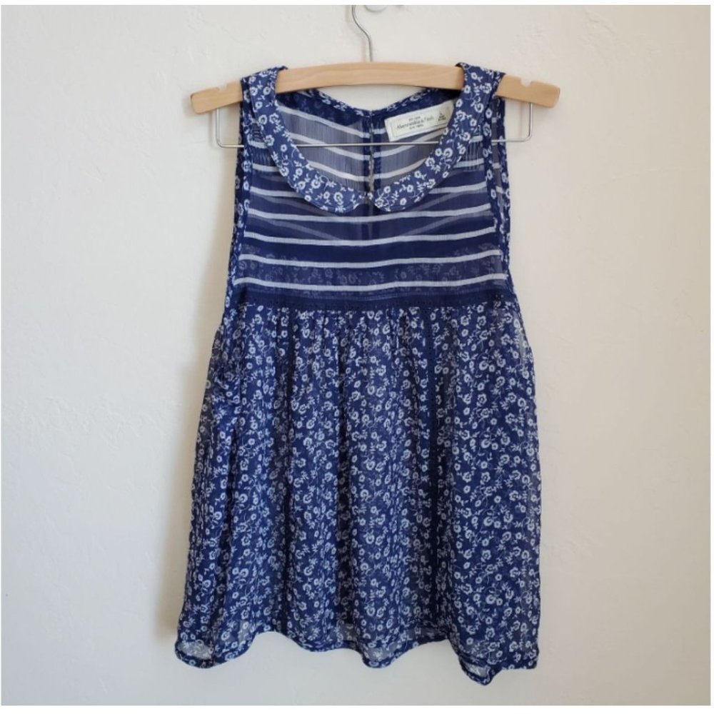 Abercrombie & Fitch L blue wht white sheer peterpan collar stripes floral back b